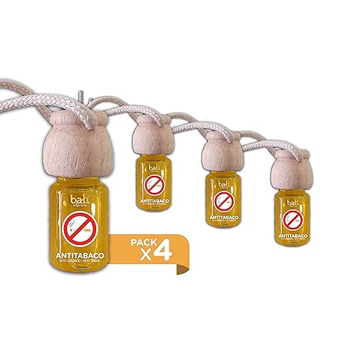 Bali fragancias Pack de 4 Ambientadores de coche ANTITABACO 6 ml 0% alcohol, absorbe el mal olor de tu vehículo