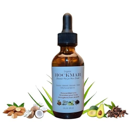 Organic Hockmah Essential Oils for Hair Growth made with coconut, sweet almond, avocado, clove, aloe vera oils and Vitamin D for scalp and hair treatment. 2 FL OZ (59 ml)