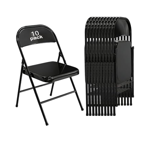 VISTACASA 10 Pack Heavy Duty Metal Folding Chairs 350 lbs Capacity All-Steel Frame Stackable & Portable Indoor Outdoor Seating for Party Wedding Event Office (Black)