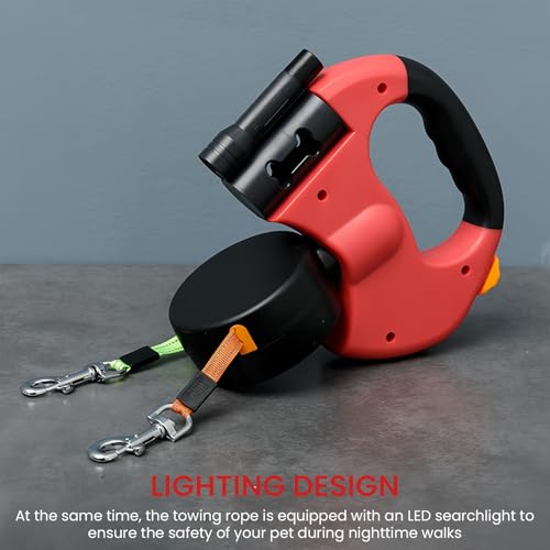 Doppelte Einziehbare Hundeleine, 3 M Hundeleine Doppelleine, Automatische Hund Versenkbar Leine, Rollleine Hundeleine mit LED Licht, Doppelköpfe Hundeleine für Katzen Kleine Hunde (Rot)