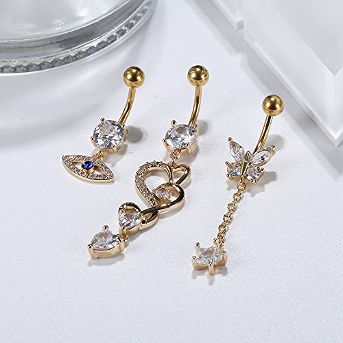 FIBO STEEL 8Pcs Stainless Steel Hanging Belly Button Rings for Women Evil Eye CZ Belly Button Rings Barbell CZ Body Piercing Jewelry 14g