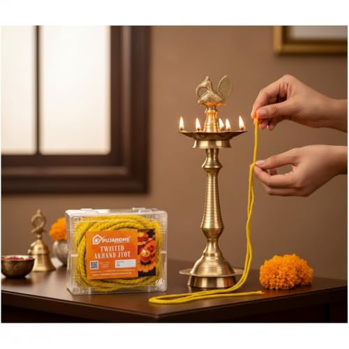 Image of Twisted Akhand Jyot Batti, Special Long Akhand Jyot Cotton Wicks Batti for Diya Mandir Pooja Oil Lamp | Cotton Akhand Jyot Batti Yellow for All Puja and Akhand Jyot (Pack of 12 Wicks, Yellow)