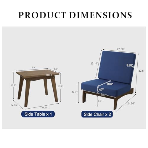 Image of Pia Ricoo 3 Piece Patio Bistro Set with Patio Chairs and Table, Heavy Duty Wood Patio Furniture Set, All-Weather Outdoor Chairs for Balcony, Deck, Poolside, Porch - Navy