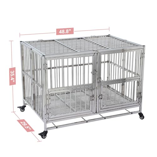 48-in Heavy Duty Dog Crate Cage Kennel with Wheels, Full Stainless Steel High Anxiety Indestructible Dog Crate, Sturdy Locks Design, Double Door Small Door Design & Removable Tray Design Silver