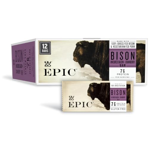 EPIC Bison Uncured Bacon and Cranberry Bars, Grass-Fed, Protein Bar, 12 Ct, 15.6 oz