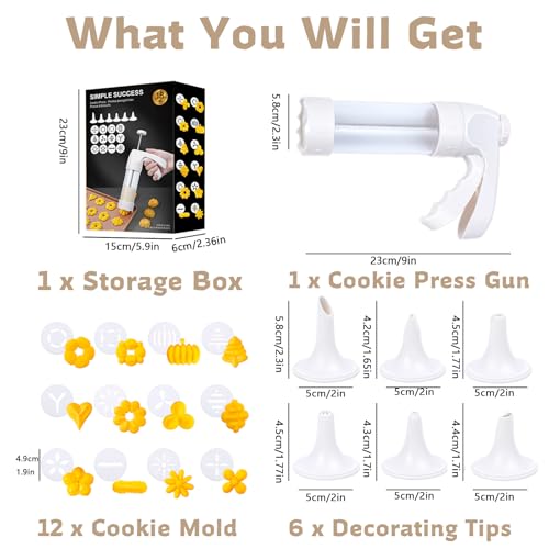 MAJCL Spritz Cookie Press Gun with 12 Discs & 6 Piping Tips - Cookie Maker Kit for Baking Easy Cookies, Cheese Press & Sweet Decorations