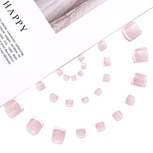 Handcess French False Toe Nails Nude Pink Glossy Press on Toe Nail Glitter Fake Toenails Full Cover Acrylic Toe Nail Art Tips for Women and Girls 24Pcs - Image 2