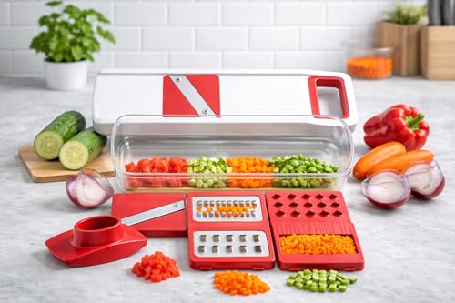 Image of 6 in 1 Vegetable Slicer & Grater - Professional Mandoline Cutter with Interchangeable Blades | Kitchen Tool for Potato, Onion, Carrot, Cucumber | Trending Multipurpose Chopper| (Green,Red)