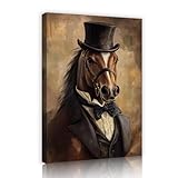 ヴィンテージ抽象芸術絵画ウォールアートプリント服と帽子を着た馬キャンバスウォールアートリビングルーム寝室廊下壁装飾35x52cmインナーフレーム