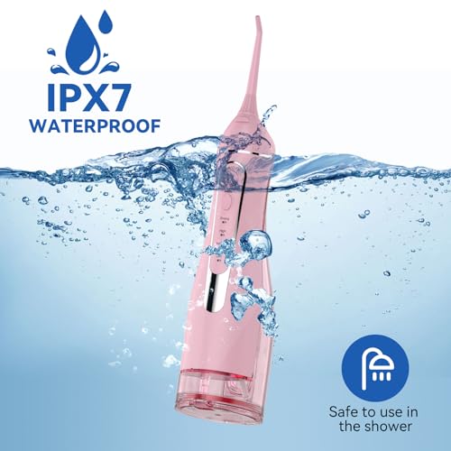 Image of Cordless Portable Water Flosser with 300ML Tank: Rechargeable Oral Irrigator with 5 Tips for Travel, Braces Care and Sensitive Gums, IPX7 Waterproof Teeth Cleaning Device(Pink)