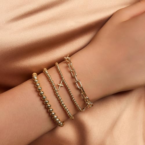 IMBOS Gold Bracelets for Women 14K Gold Plated Cross Bracelet Strand Bead Ball Bracelets stack Set Chunky Chain Bracelet Trendy Adjustable Jewelry Sets for Womens Gifts4