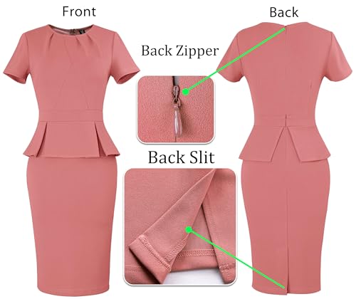 Image of VFSHOW Womens Pleated Crew Neck Peplum Work Business Office Church Bodycon Pencil Sheath Dress