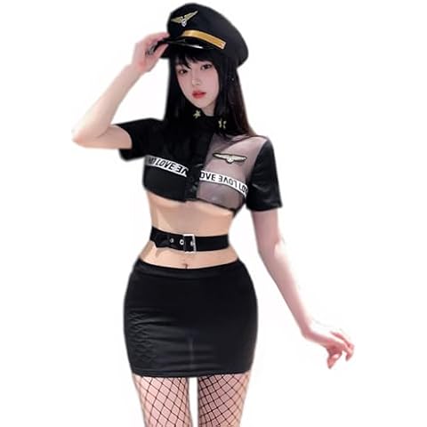 TEBOCR Women Sexy Police Costume Cosplay Officer Uniform Teacher Naughty Dirty Cop Short Skirt Mesh Dress Policewoman Outfit Bodycorn Cover