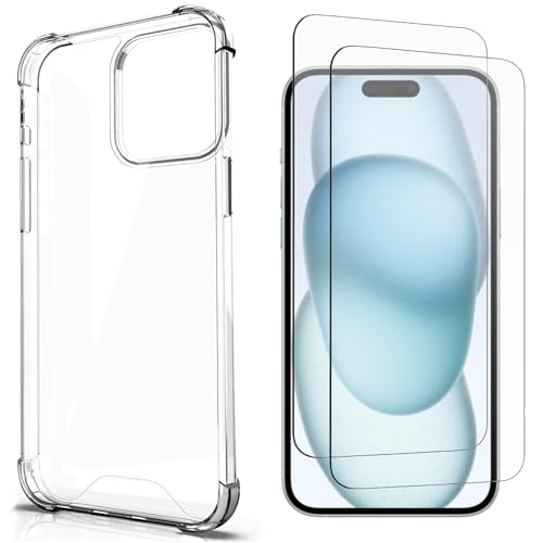 Cover Compatibile con iPhone 15 Posteriore Semi Rigida TPU Hard Clear Anti-Shock Custodia Guscio Case Protettiva Semirigida Trasparente Angoli Rinforzati Anti Urto + 2 Pellicole