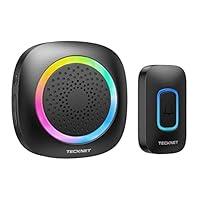 TECKNET Campanello Senza Fili da Esterno Impermeabile IP66, Portata 400M, 5 Livelli Volume 60 Melodie, Batteria RGB Campanello Wireless, Ricevitore Mobile, Black