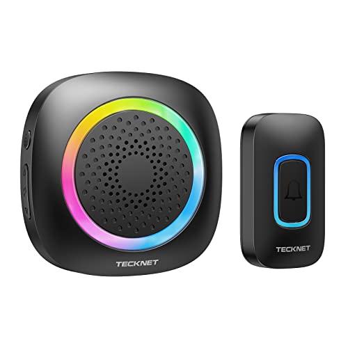 TECKNET Campanello Senza Fili da Esterno Impermeabile IP66, Portata 400M, 5 Livelli Volume 60 Melodie, Batteria RGB Campanello Wireless, Ricevitore Mobile, Black