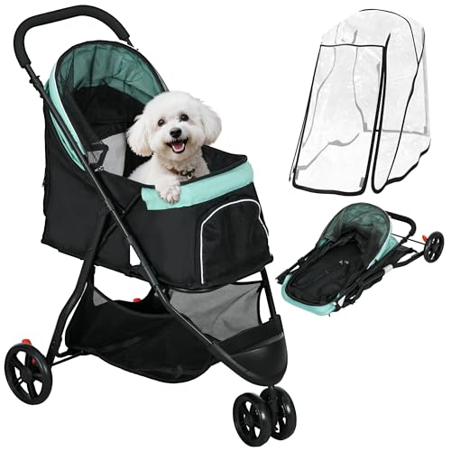 PawHut Carrito para Perros Plegable Carrito para Perros Pequeños con Cubierta para Lluvia Ventana de Malla Cesta y 2 Ruedas Universales Carga 15 kg 80,5x51,5x100 cm Verde