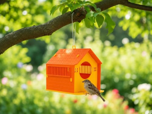 Image of Ecurfu Sparrow House for Balcony & Garden | Hanging Bird Nest with Feeding Tray | Bird House for Sparrows & Small Birds (Orange & Yellow)
