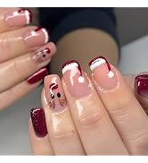 ZASKHLD Christmas Press on Nails Short Square Fake Nails with Reindeer Designs Red Xmas Hat Frenc...
