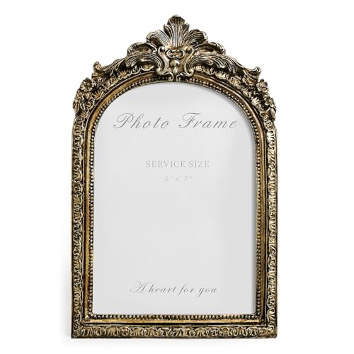 Arched 5x7 Picture Frame Vintage Gold Frames, Bronze 5 by 7 Arched Picture Frame Hand-Crafted Resin with Glass Front Ornate Retro Antique Photo Frames for Wall and Tabletop Display Home Decor