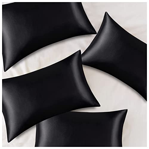 Homidate Queen Pillowcase Set Of 2, Black Pillow Cases, 100% Washed Polyester Satin Pillow Shams, Luxury Soft And Breathable, 20" X 30" #TOP7