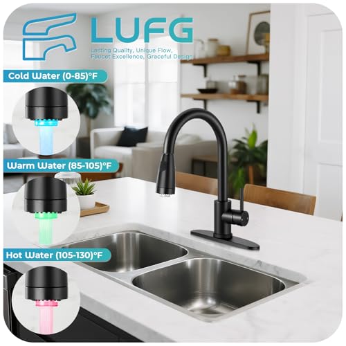 Image of LED Kitchen Faucet with Pull Down Sprayer - Matte Black Single Handle Kitchen Faucets, High Arc Stainless Steel Pull Out Kitchen Sink Faucet with Deck for RV Laundry Farmhouse Bar
