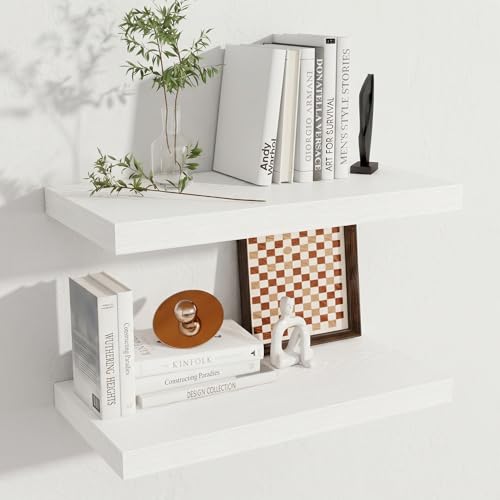 Image of Fun Memories 24 x 12 Inch Deep Floating Shelves, 12 Inch Deep Rustic Wooden Book Shelf, Extra Deeper & Thicker Hanging Shelves for Living Room, Bathroom, Bedroom, Kitchen, Office, Set of 2 (White)