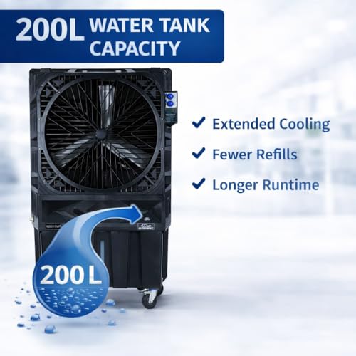 Image of Everest 200 Desert Air Cooler Commercial 3000 sqft | 13000 m /h Airflow | 30 Inch Fan | 100mm Honeycomb Pads | 500W High Performance Cooler for Large Rooms, Halls, Warehouses & Outdoor Use (Black)
