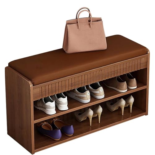 Panca di stoccaggio delle scarpe con supporto laterale, Panca d'ingresso a 3 livelli con stoccaggio, Panca rustica stretta per interni, Ingresso, Sala da pranzo, Soggiorno e corridoio,Brown-80*24*42cm