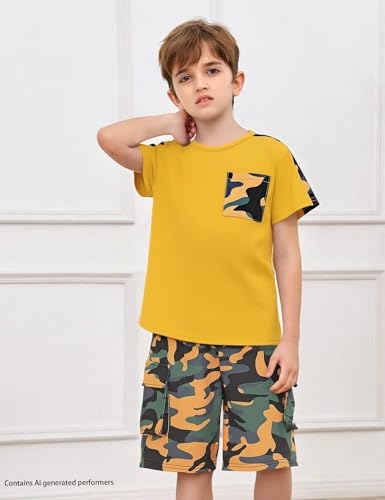 Image of mksodopy Boys Summer Outfit Set 2 Piece T Shirt and Camo Shorts Casual Clothes for Little Big Boys 5-16