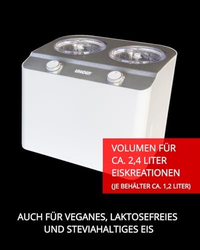Unold 48830 Doppio Eismaschine, Speiseeisbereiter mit Kompressor inkl. 2 Eisbehälter, Sahneeiscreme in ca. 30 Minuten, 250 Watt, Weiß – Bild 3