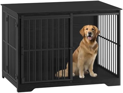 Hzuaneri Hundekäfig Möbel, 110 cm Hundebox Möbel, 2 Türen, Schwarz | Moderne Hundekäfig Indoor für kleine/mittlere/große Hunde, Beistelltisch, Verstärkte Schiebetür, 110 × 65 × 81