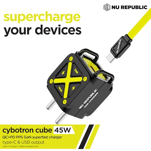Image of Nu Republic Cybotron Cube 45W GaN Charger, Dual Output Type-C & USB-A, PD PPS Fast Charging, with Cable, for Type c Devices, Black /Yellow