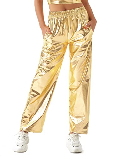 Women's Shiny Metallic Holographic High Waisted Straight Wide-Leg Long Pants Trousers Clubwear with Pockets
