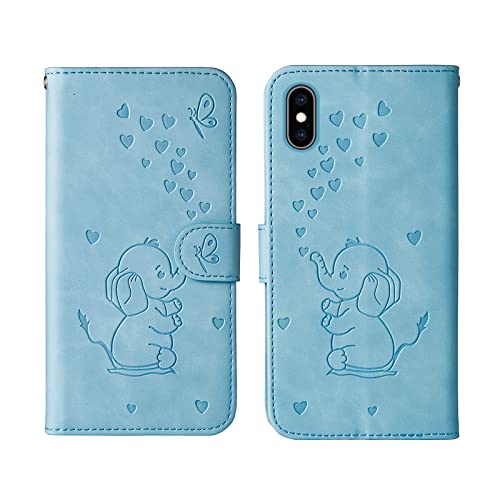 Bartern Flip Case for iPhone X/iPhone XS,Cute Elephant PU Leather Folio Flip Wallet Phone Case Cover with Card Holder Magnetic Closure and Stand Feature for iPhone X/XS,Blue