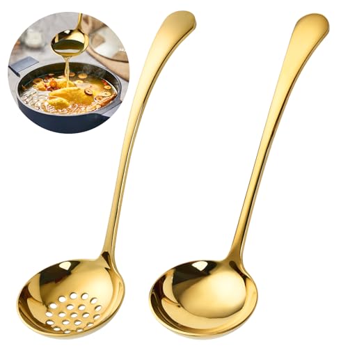Worldity Set di 2 mestoli da minestra in acciaio inox, 2 mestoli da zuppa con intaglio dorato, per servire salse, zuppe, verdure, mestoli da zuppa in metallo dorato per buffet, feste, cucina