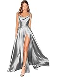 DRIEoue Satin Ruched Prom Dresses Spaghetti Straps A Line Long Sexy with Slit Formal Evening Gowns Silver Size US14