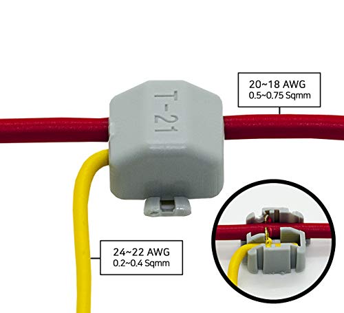 Alphao Quick Splice Snap Wire Connector - Self-Stripping Electrical Butt Connector Terminal Kit No Clipping, Splicing, Taping Needed/One-To-One & T-Tap Connection (T-21, 100 Pcs, 20-18, 24-22 Awg) #TOP1