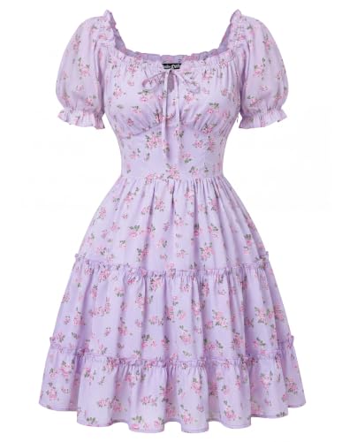 Scarlet Darkness Floral Corset Mini Dress Women Teen Summer Off Shoulder Dress Graduation Cute Sundress with Pockets Purple M