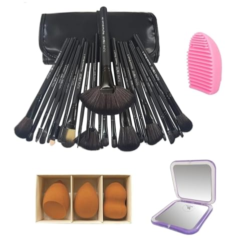 Image of Puna Store Combo Set of 24 Piece Premium Synthetic Makeup Brush Set (Black) with 3pc Makeup Blender Set, Makeup Brush Cleaning Egg, Pocket Makeup Mirror, Cruelty-Free Vegan Brushes