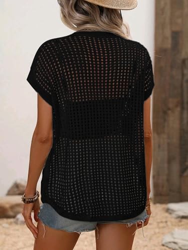 Image of Crochet Tops for Women Spring Summer Shirts Cute Mesh Top Cap Sleeve Cover Up Pullover Sweater Beach Vacation Clothes