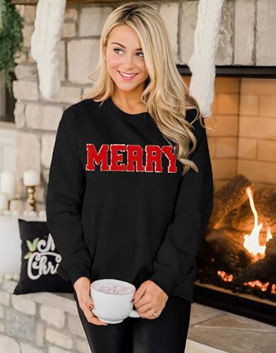 MAPICK Christmas Crewneck Fleece Sweatshirt Glitter Patch Merry Letter Pullover Tops Chenille Patch Oversized Tops(Black,Large) — view 4