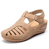 FGRID Orthopedische sandalen voor dames, modieuze faux PU-sleehak sandalen met sleehak, zomerse elegante wandelsandalen met klittenband en enkelband,Beige,36