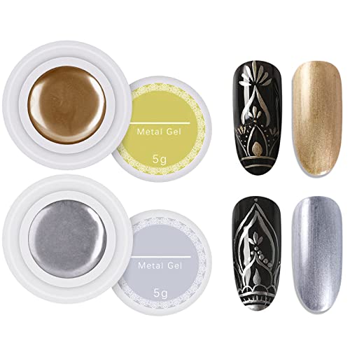 U-Shinein 2 Color Metallic Painting Gel, Golden Silver Painted Gel Nail Polish 3D Metal Painting Gel Drawing Nail Gel Glossy Soak Off Uv/Led Diy Nail Art Manicure #TOP2