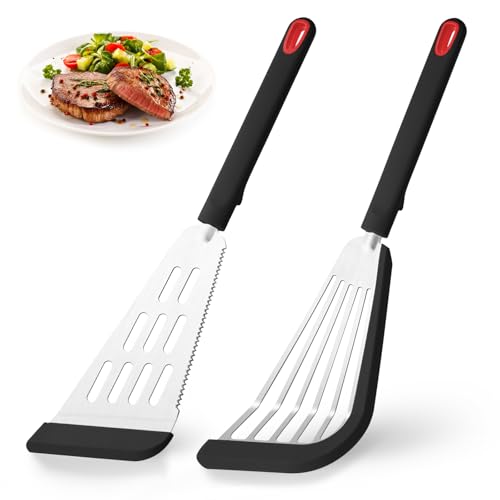 Silicone Fish Spatula Turner Set of 2,2-in-1 Heat Resistant Silicone Slotted Fish Spatulas for Nonstick Cookware,Flexible Thin Stainless Steel Slotted Fish Turner Spatula Flipper for Fish,Egg,Pancake