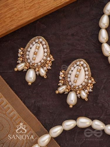 Image of SANJOYA by EVERSTYLISH Embroidered Earrings for Women | Shell, Beads & Pearl Drop Studs | Lightweight Ethnic & Festive Jewelry for Weddings, Parties & Special Occasions