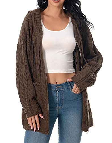 shineflow Mittellange Cardigan mit Kapuze,Strickjacke Damen Zopfmuster Oversized Grobstrick, Einfarbige Pullover,Cardigan mit Fronttaschen und Reißverschluss (Kaffee,S)