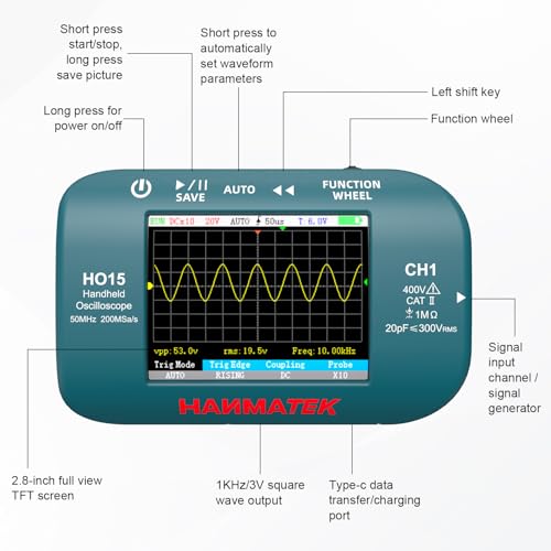 Image of HANMATEK HO15 Handheld Digital Oscilloscope - 50MHz Bandwidth, 200MSa /s High-Precision Sampling, 2.8 inch TFT Display, USB Rechargeable, Signal Generator,Portable for Fieldwork