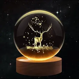 Rylan 3D Deer Crystal Globe Lamp Creative Engraved Crystal Ball Night Light USB Table LED Wooden Crystal Ball for Home Office Decoration Birthday Gift Adults (Deer 6cm)(Warm White)