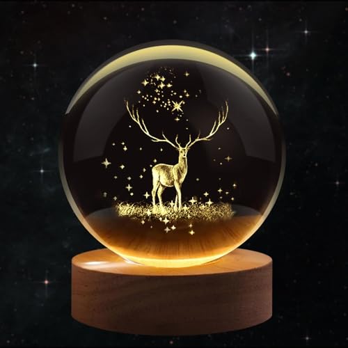 Image of CPENSUS Deer 3D Crystal Ball LED Night Light with USB Wooden Base, Perfect for Home Office Decor and Unique Birthday Gift for Adults Multicolor